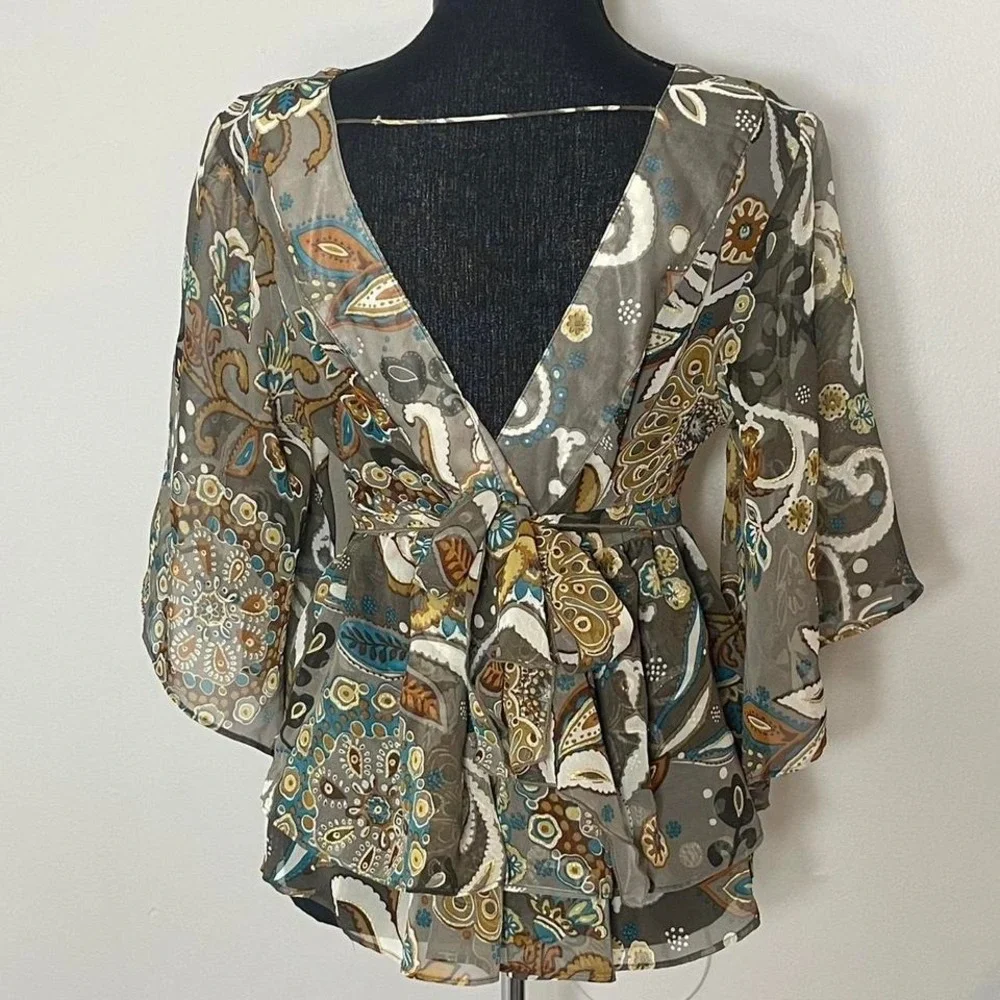 multicoloured paisley babydoll style blouse with waist tie detail - Picture 6 of 6